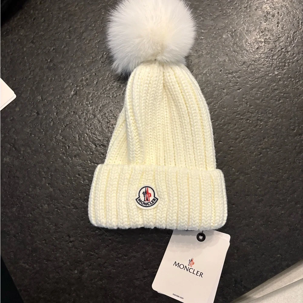 Moncler Cream Knit Beanie with Pom Pom - Picture 1 of 1